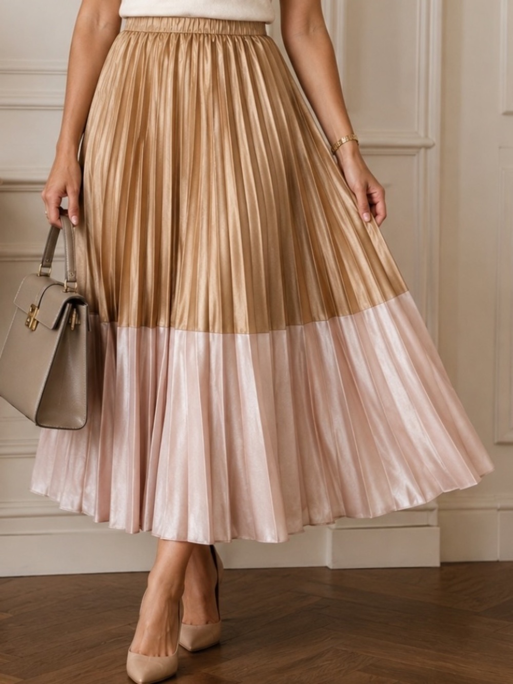 Sunday In Brooklyn Pleated Skirt Womens Size XL Beige Pink Colorblock Satin Flow